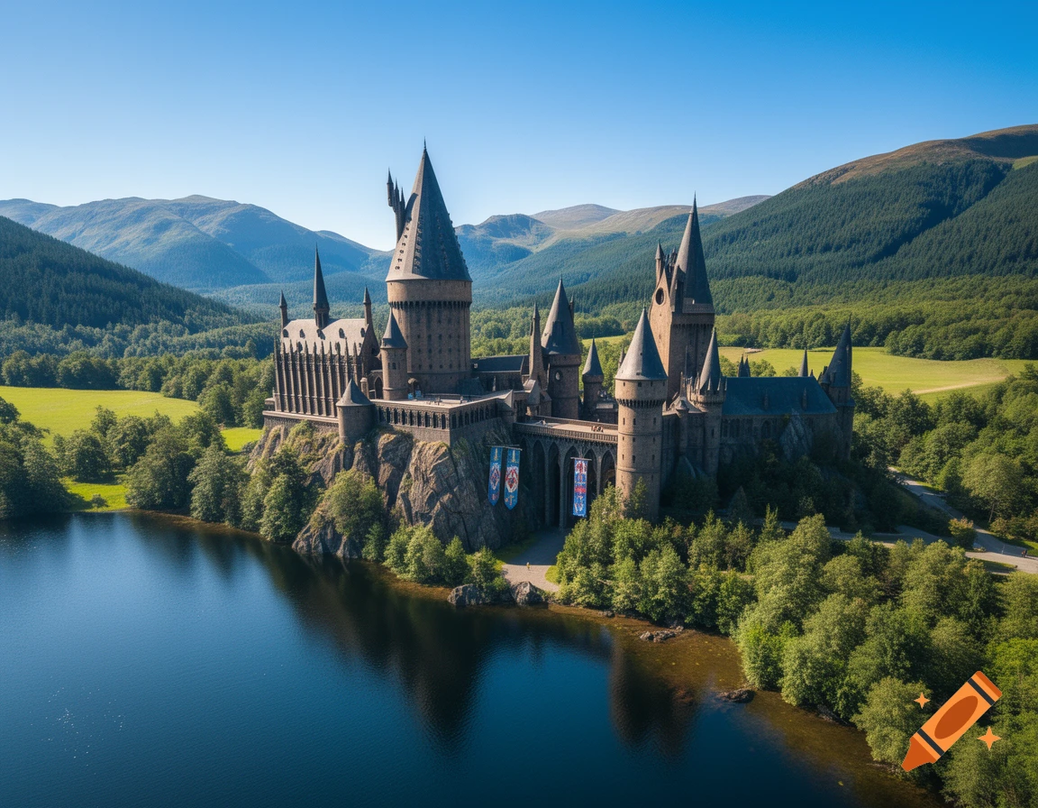 A photorealistic aerial view of Hogwarts castle perched on a rocky ...