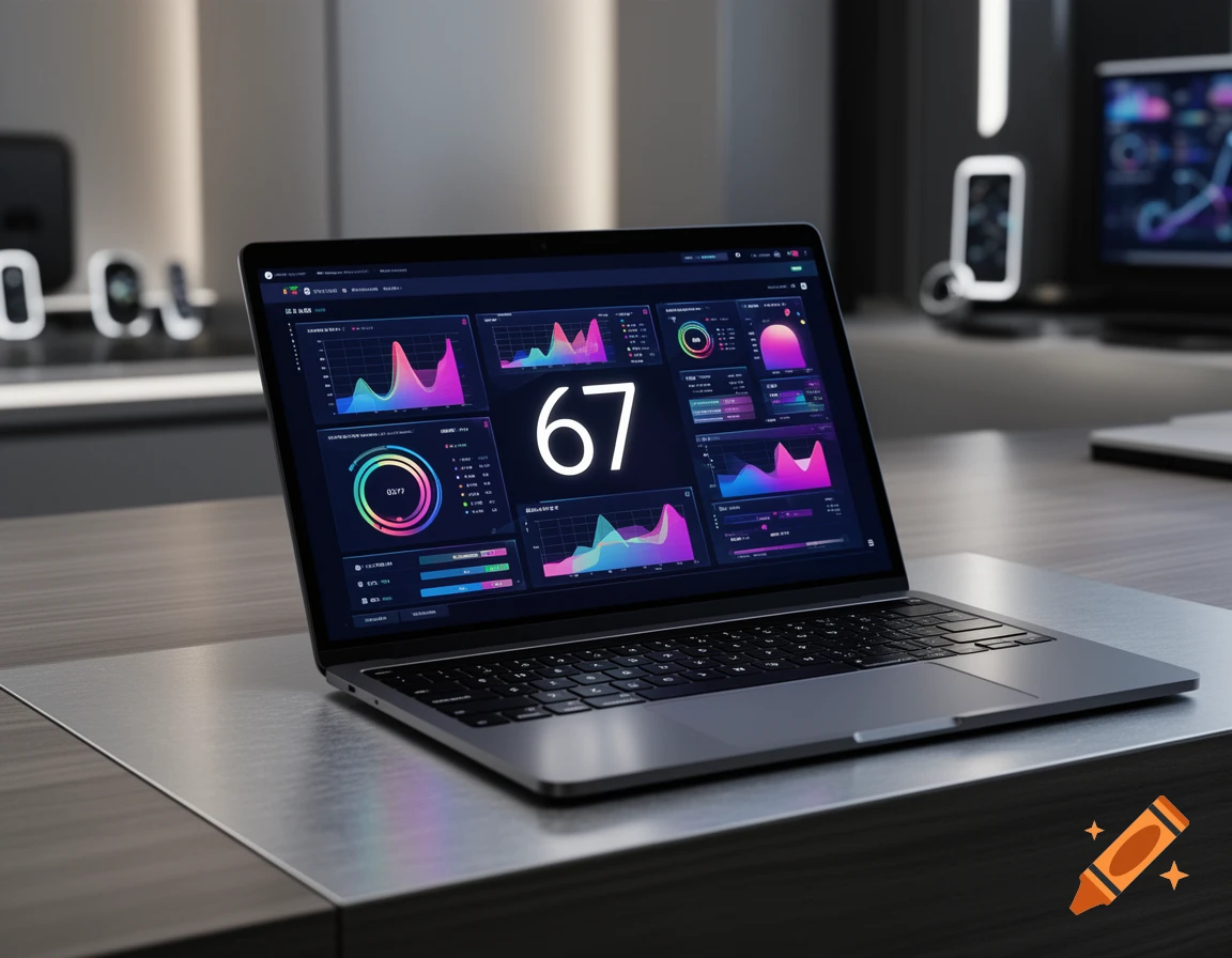 A laptop on a desk displaying a dashboard with colorful graphs, charts, and a large number 67 in the center.