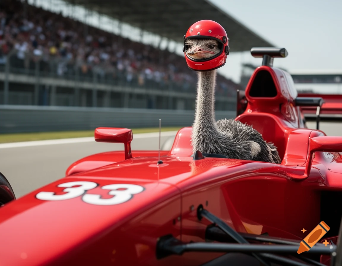 A photorealistic image of an ostrich in a red helmet driving a red Formula 1 race car with '33' on the hood on a race track.