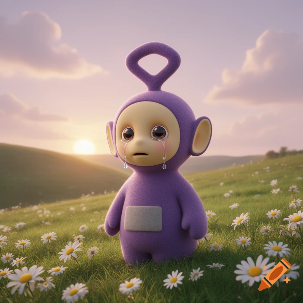 A sad purple Teletubby with tears streaming down its face stands in a field of daisies at sunset.