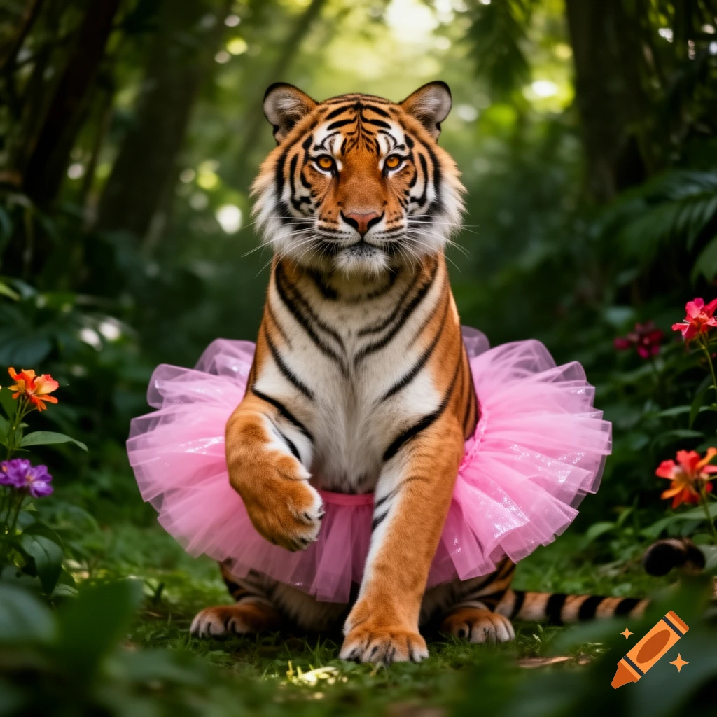 A photorealistic tiger wearing a pink tutu sits in a lush green jungle, looking directly at the viewer.