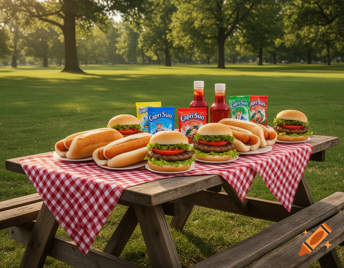 A picnic table covered with a red and white checkered tablecloth holds hotdogs, hamburgers, ketchup, and Capri Sun pouches in a sunny park.