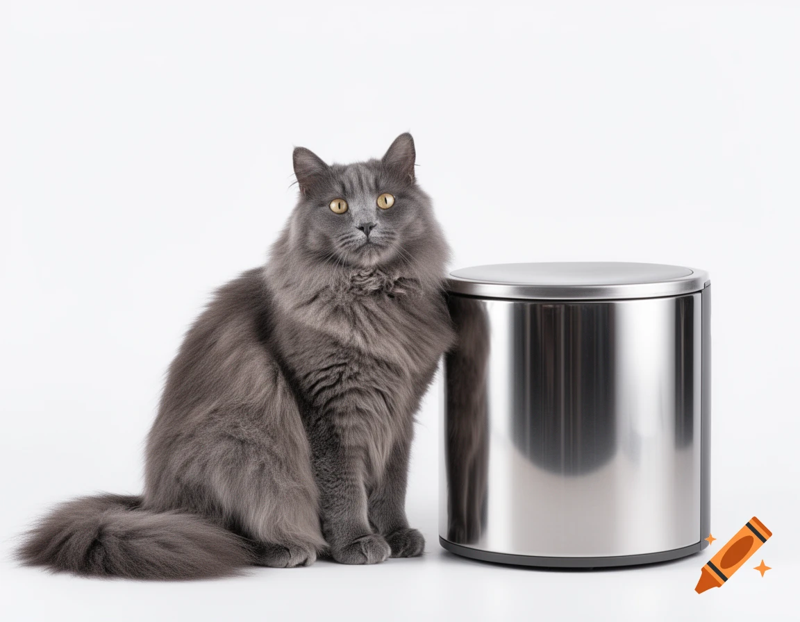 A fluffy grey cat sits next to a sleek stainless steel cat litter box on a white studio background, photorealistic.