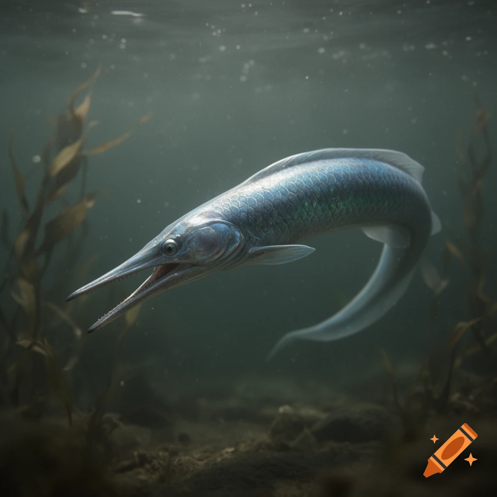 A photorealistic image of an elongated, silvery-blue fish with a pointed snout and teeth, swimming in murky water with kelp.