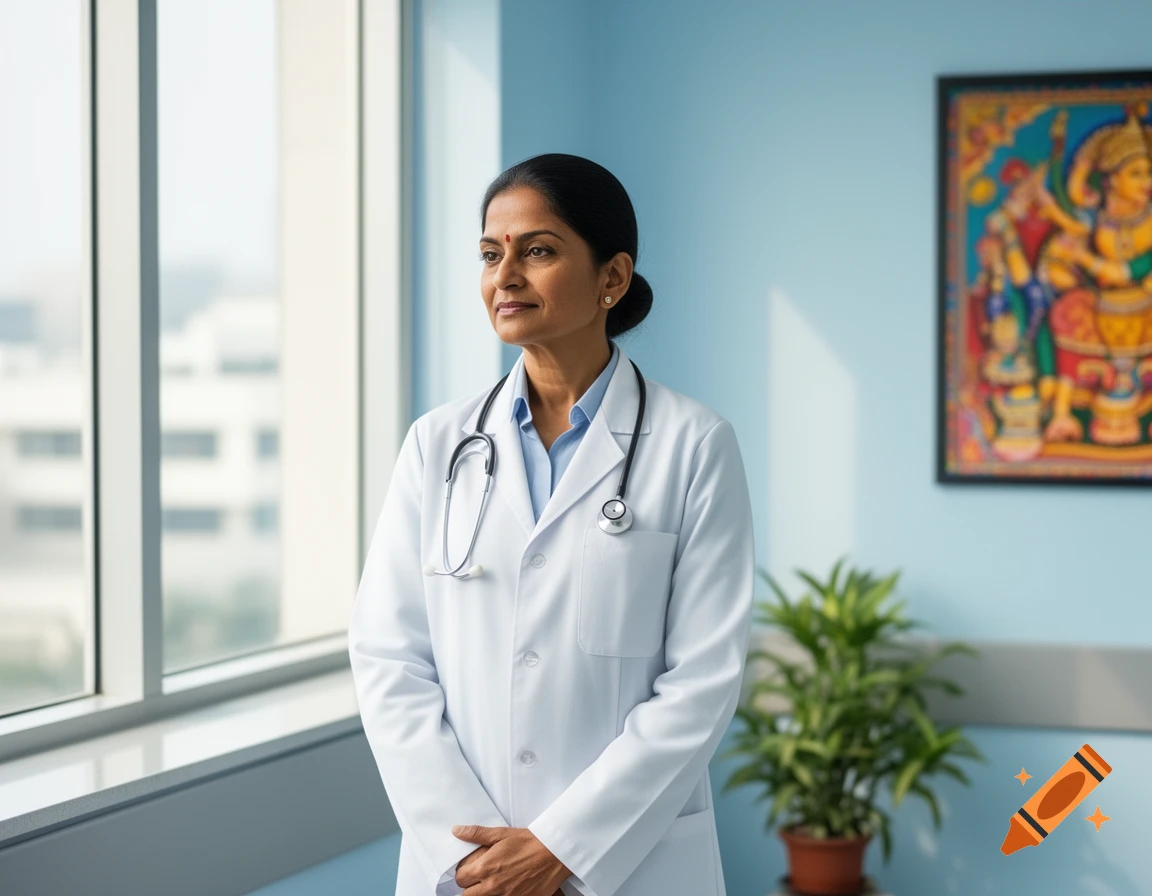 Photorealistic image of an Indian female doctor in a white coat and stethoscope, standing thoughtfully in a modern office.