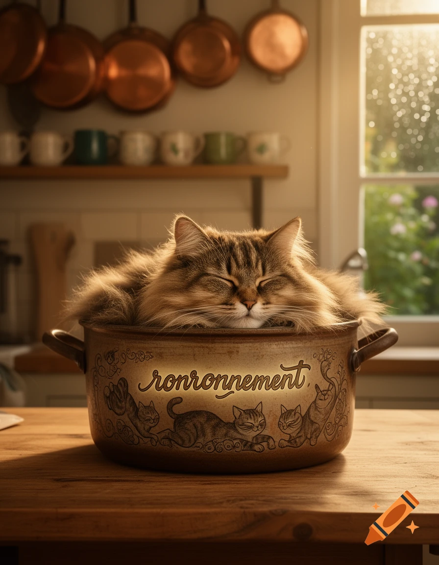 A fluffy tabby cat sleeps in a decorated pot on a wooden kitchen counter, bathed in warm light.