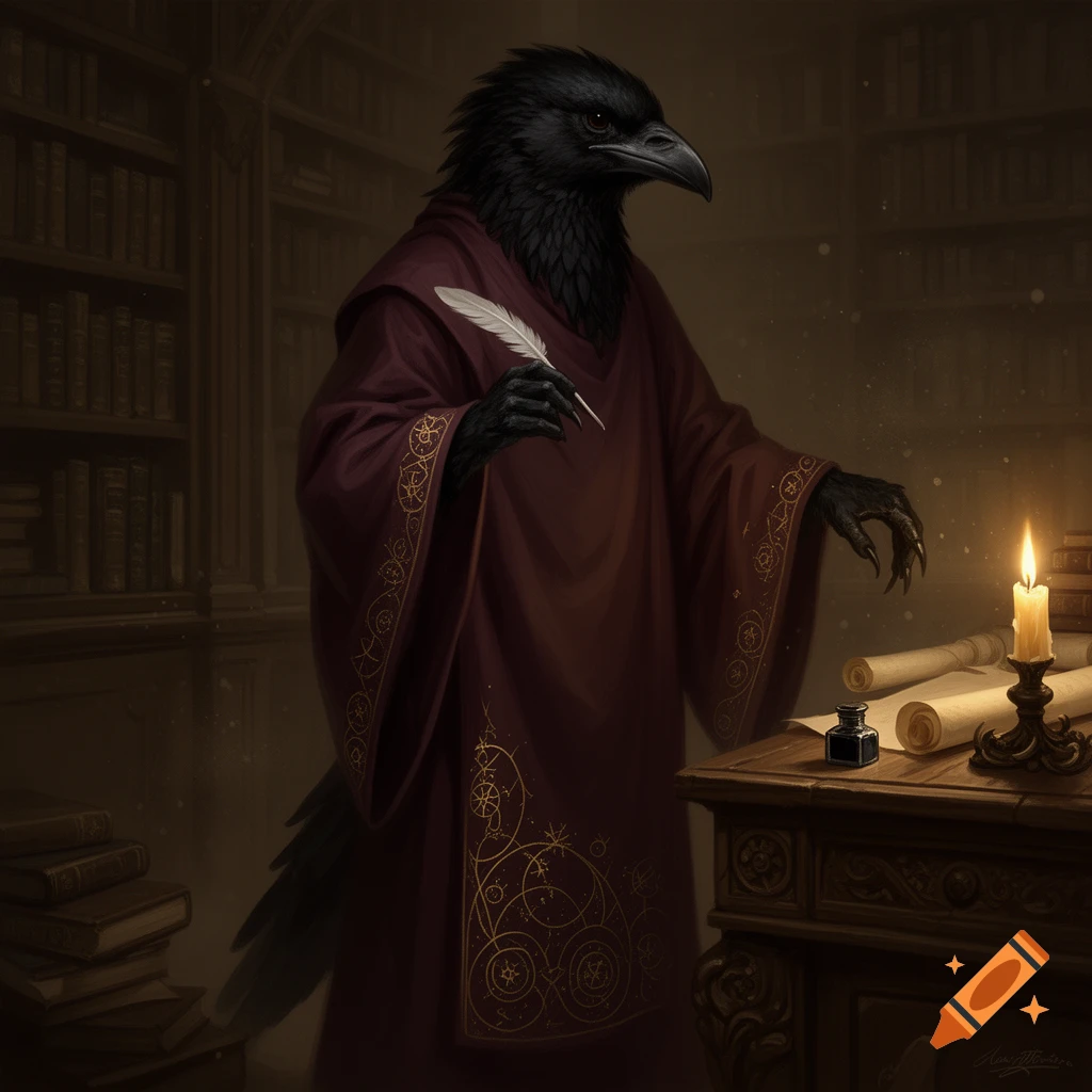A detailed fantasy illustration of a black-feathered Kenku scribe in a monk's robe, holding a quill at a desk in a candlelit library.