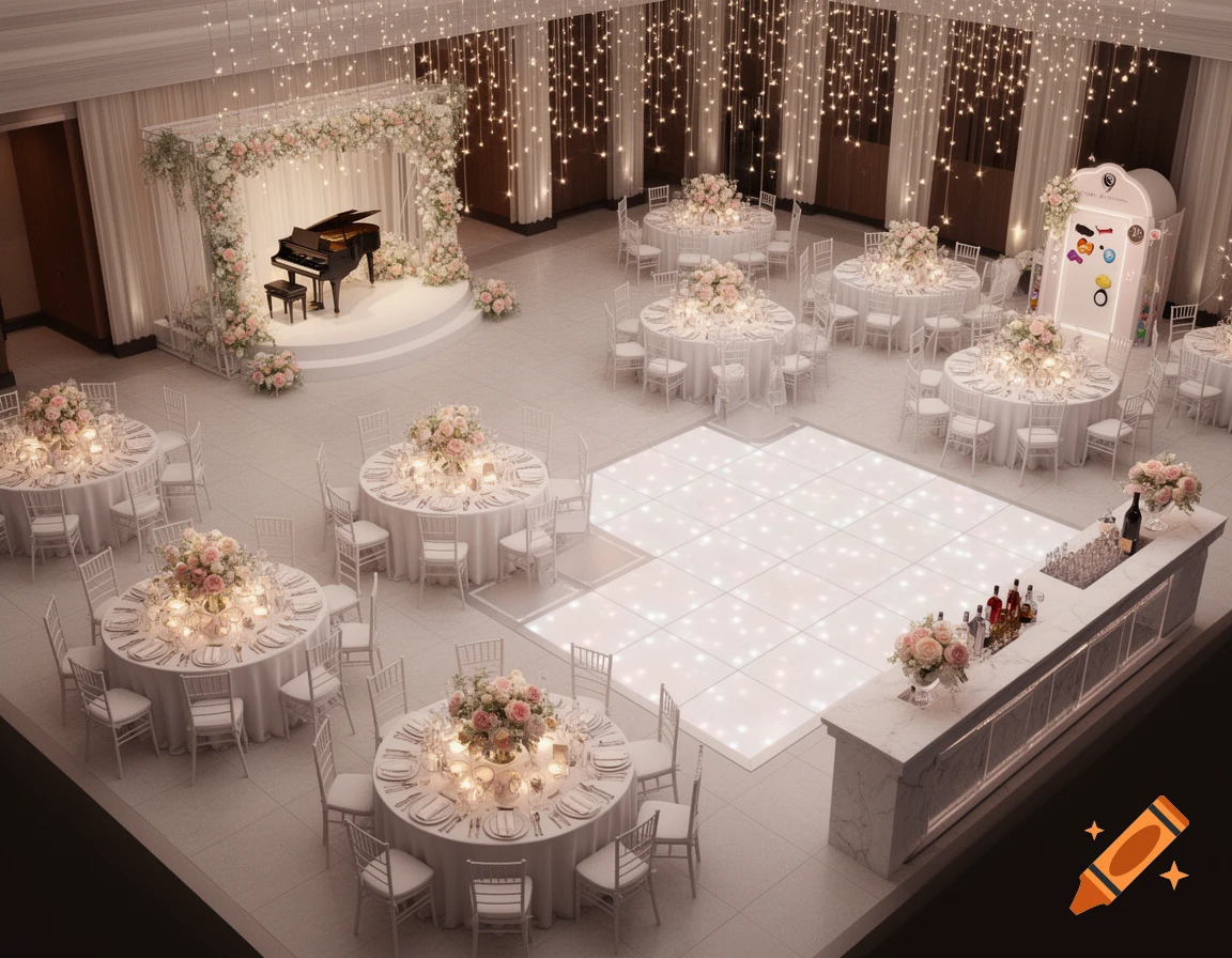 Aerial view of an elegant wedding reception hall with decorated tables, a dance floor, a bar, and a piano on a stage, lit by string lights.