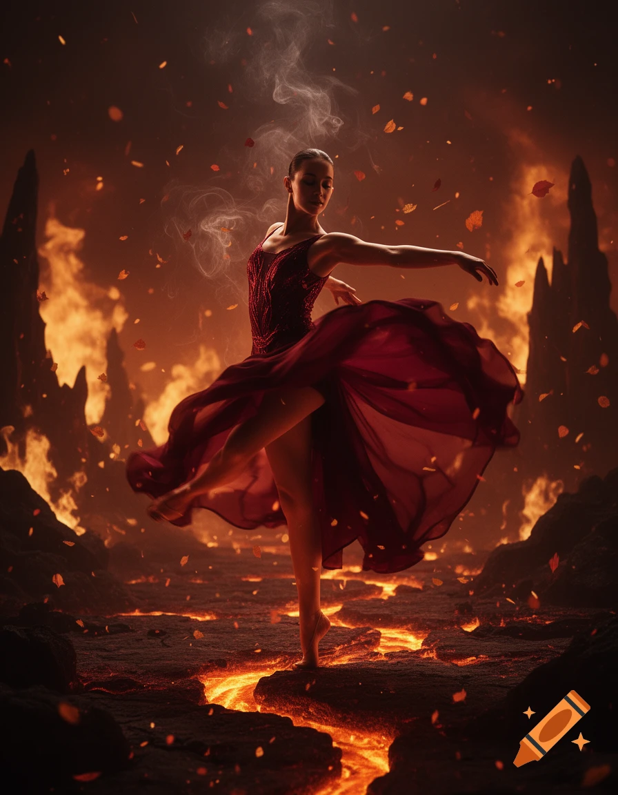 A female dancer in a flowing red dress poses gracefully on rocky ground amidst glowing lava, flames, and smoke.