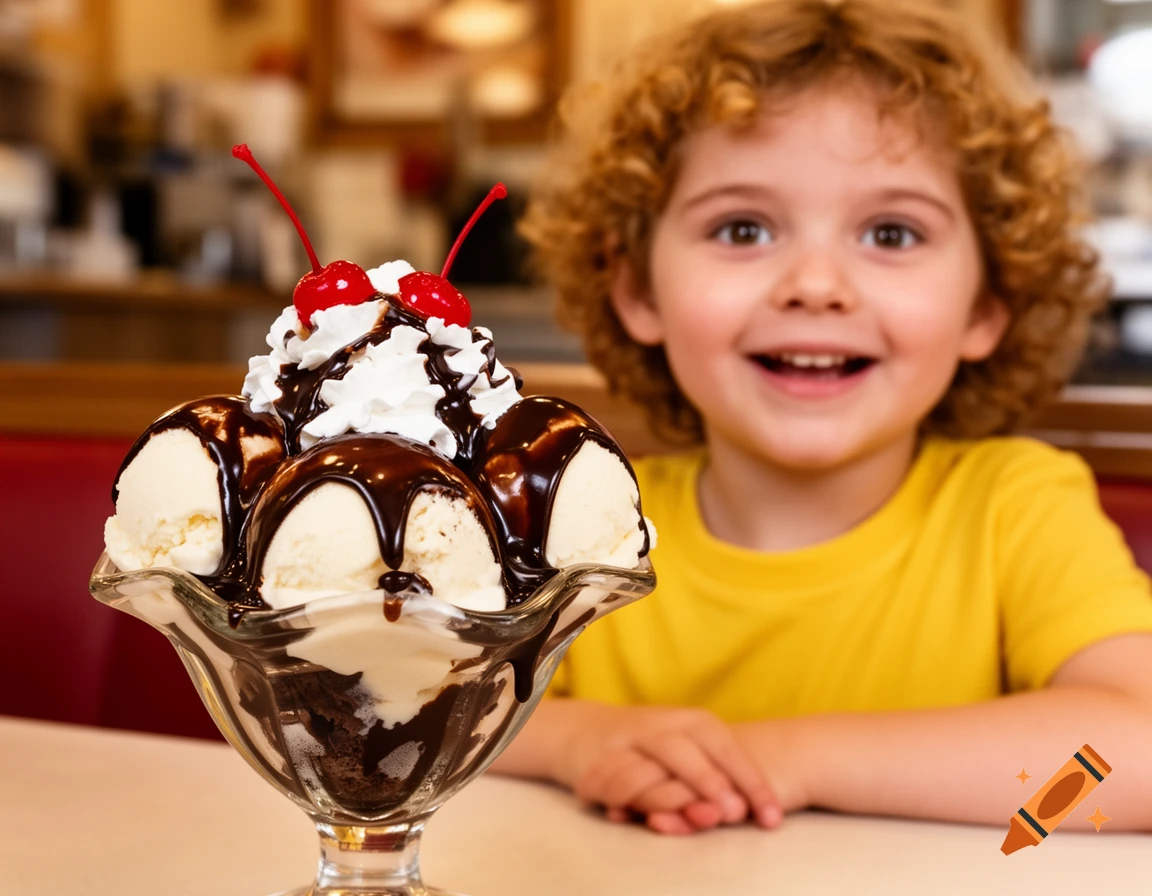 A happy child with curly hair smiles while sitting at a table in front of a chocolate hot fudge sundae topped with whipped cream and cherries.