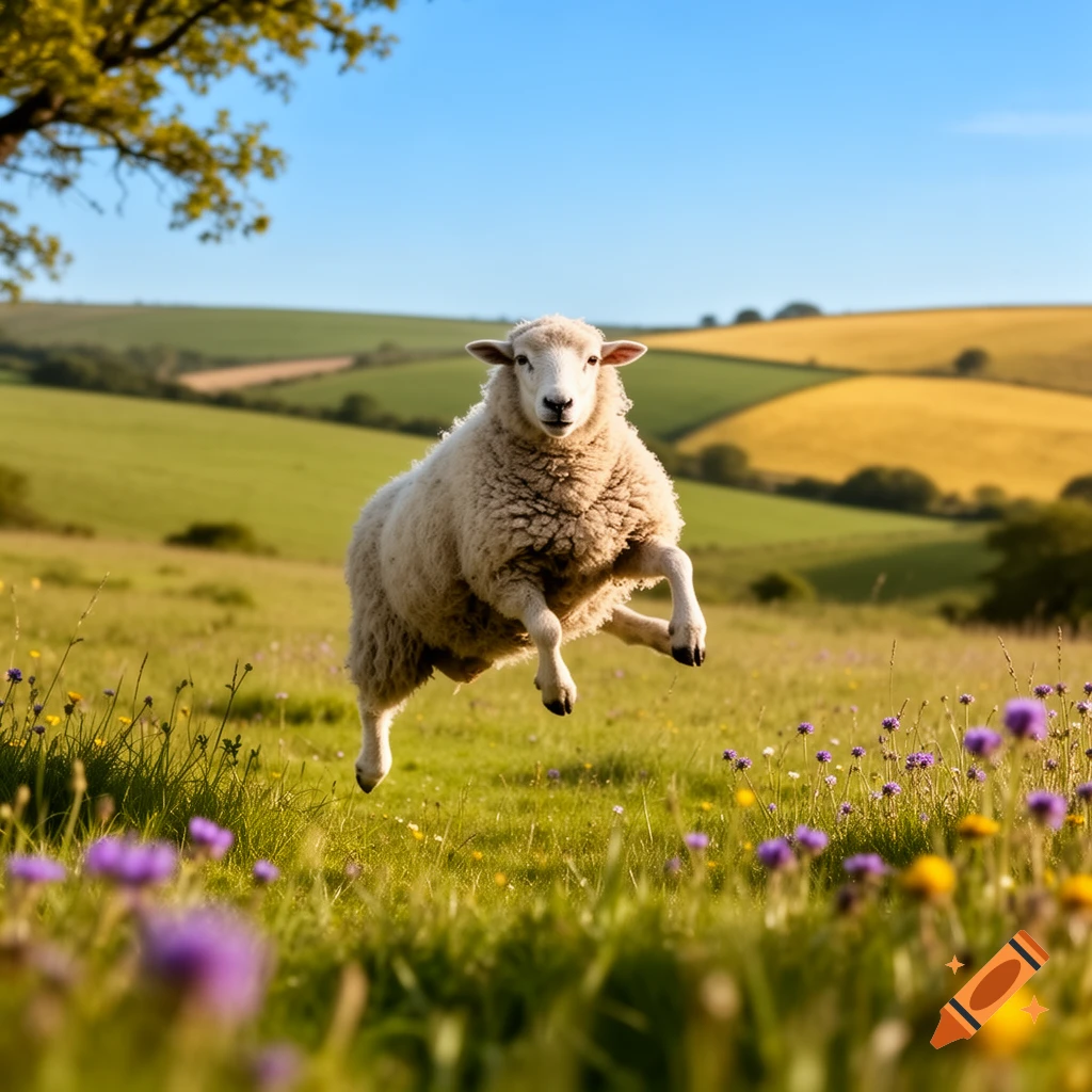 A fluffy white sheep jumps high in a sunlit green field with wildflowers. Rolling hills are in the background under a clear blue sky, photorealistic.
