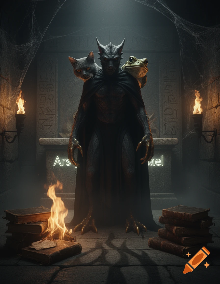 A dark, horned demon with a cat on one shoulder and a frog on the other, stands in an ancient, torch-lit chamber with burning books at its feet. Glowing text 'Ars ael' is behind it.