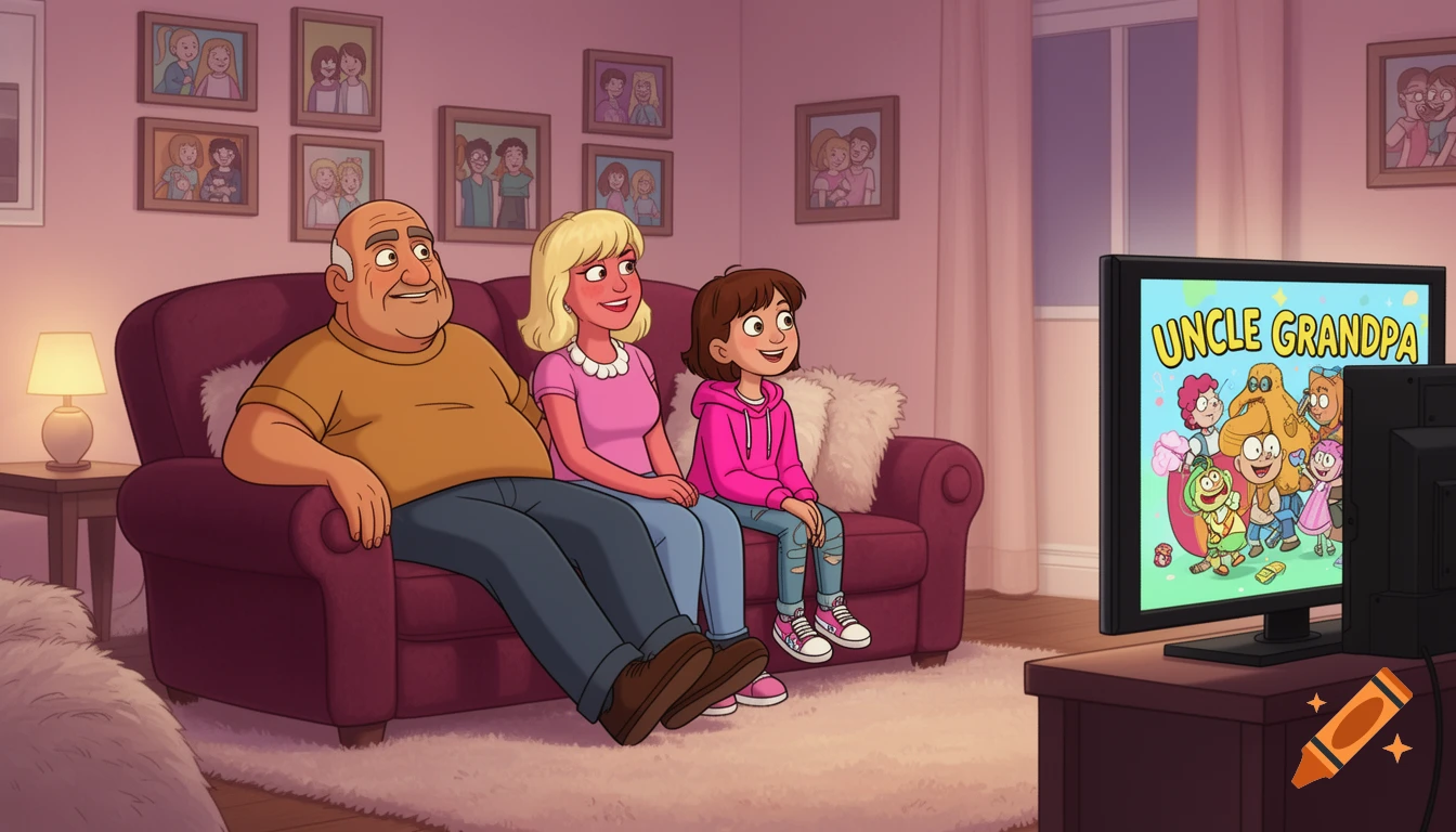 Cartoon family sitting on a purple couch in a living room, watching "Uncle Grandpa" on television.