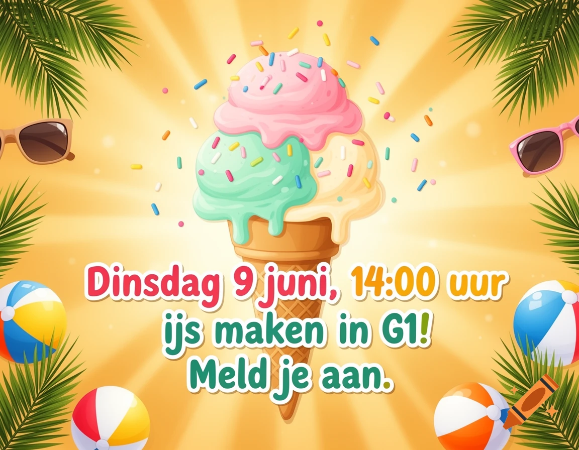 Vibrant cartoon summer invitation with a three-scoop ice cream, beach balls, sunglasses, and palm leaves. Dutch text for ice cream event.
