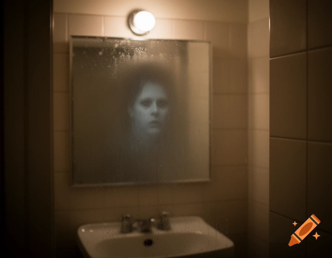 A creepy, blurred face of a person looking out from a steamy, dirty mirror in a dim bathroom, resembling a ghost.