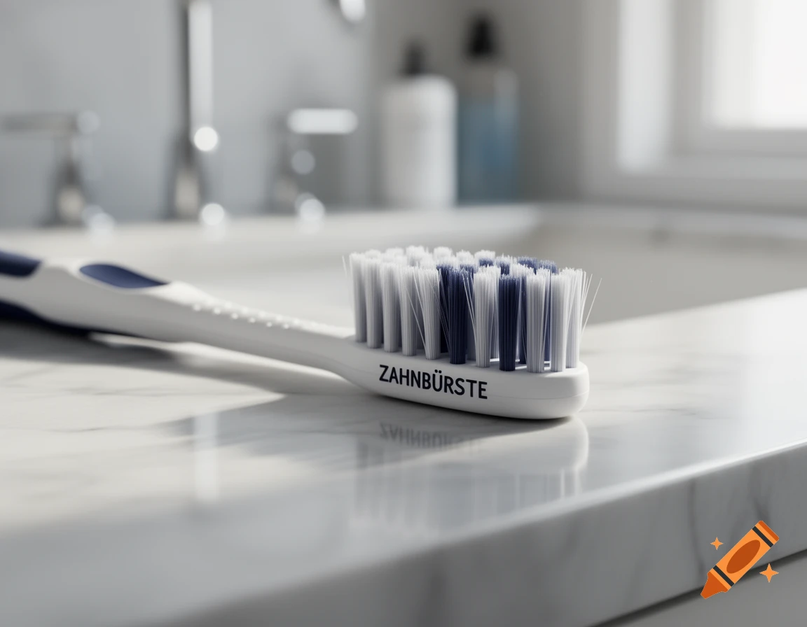 A white and blue toothbrush lies on a white marble bathroom counter with a blurry background of a sink and faucet.
