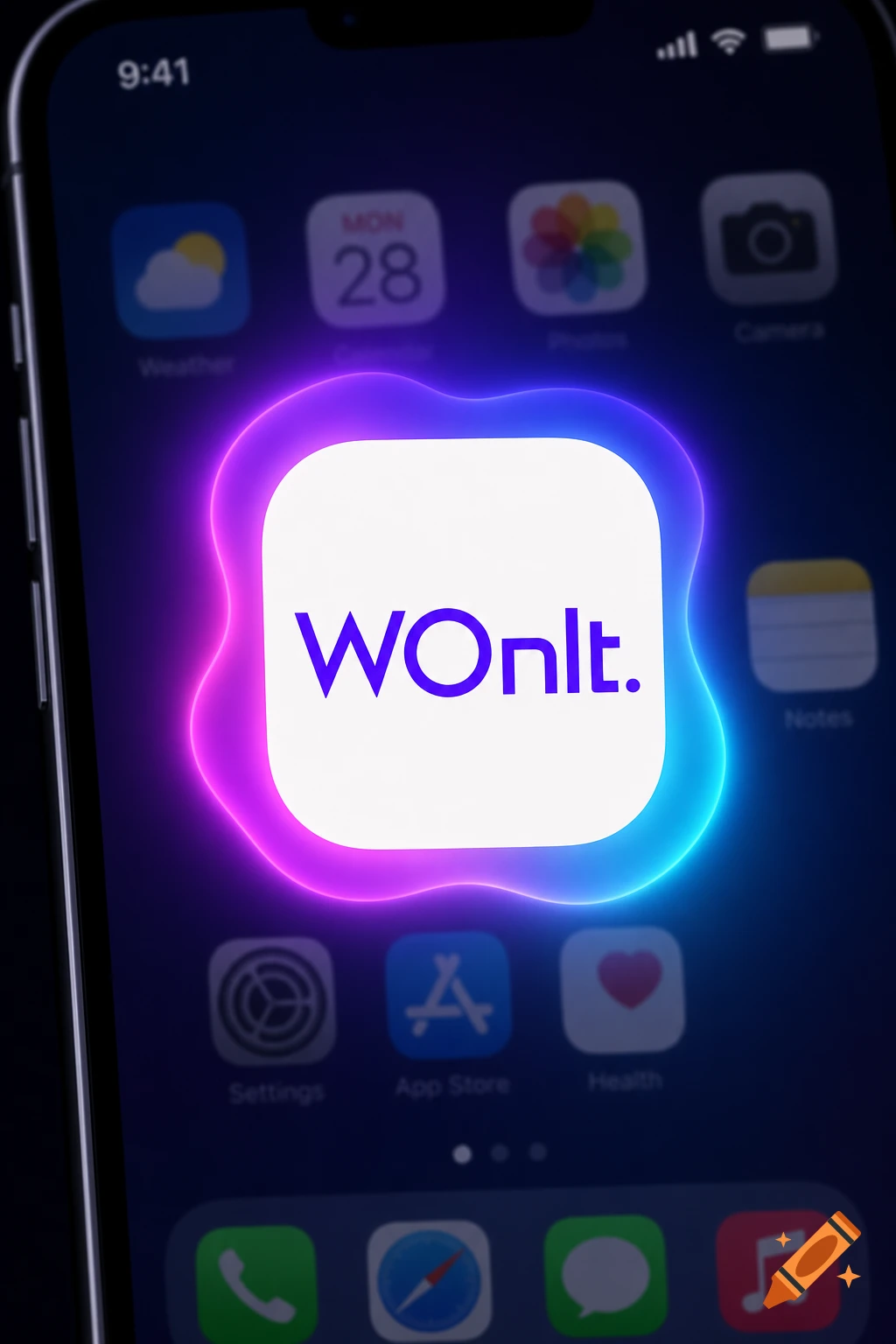 Close-up of a smartphone screen showing an app icon with the text "WOnIt." surrounded by a vibrant purple, magenta, and blue neon glow.