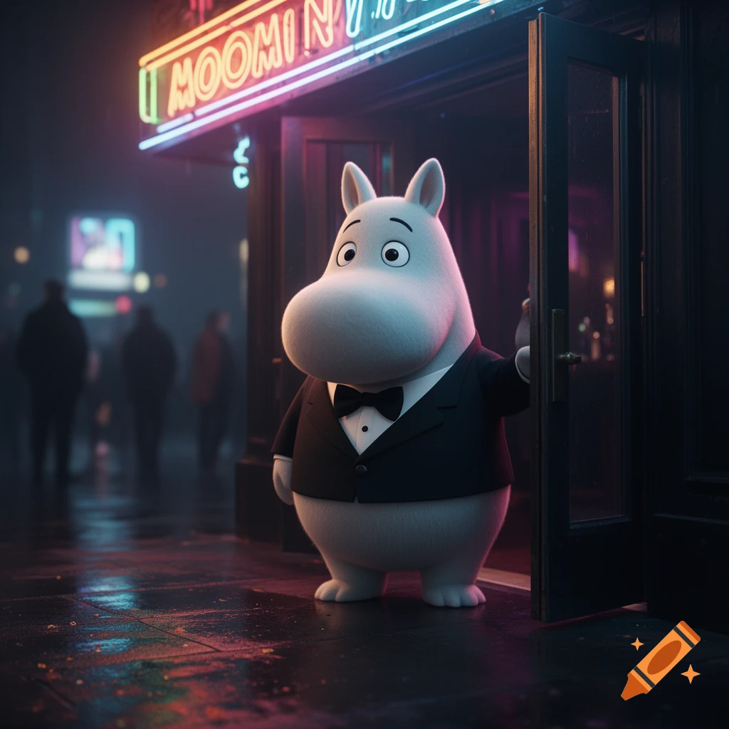 Moomin character in a tuxedo stands by a nightclub entrance under a neon sign, photorealistic style.