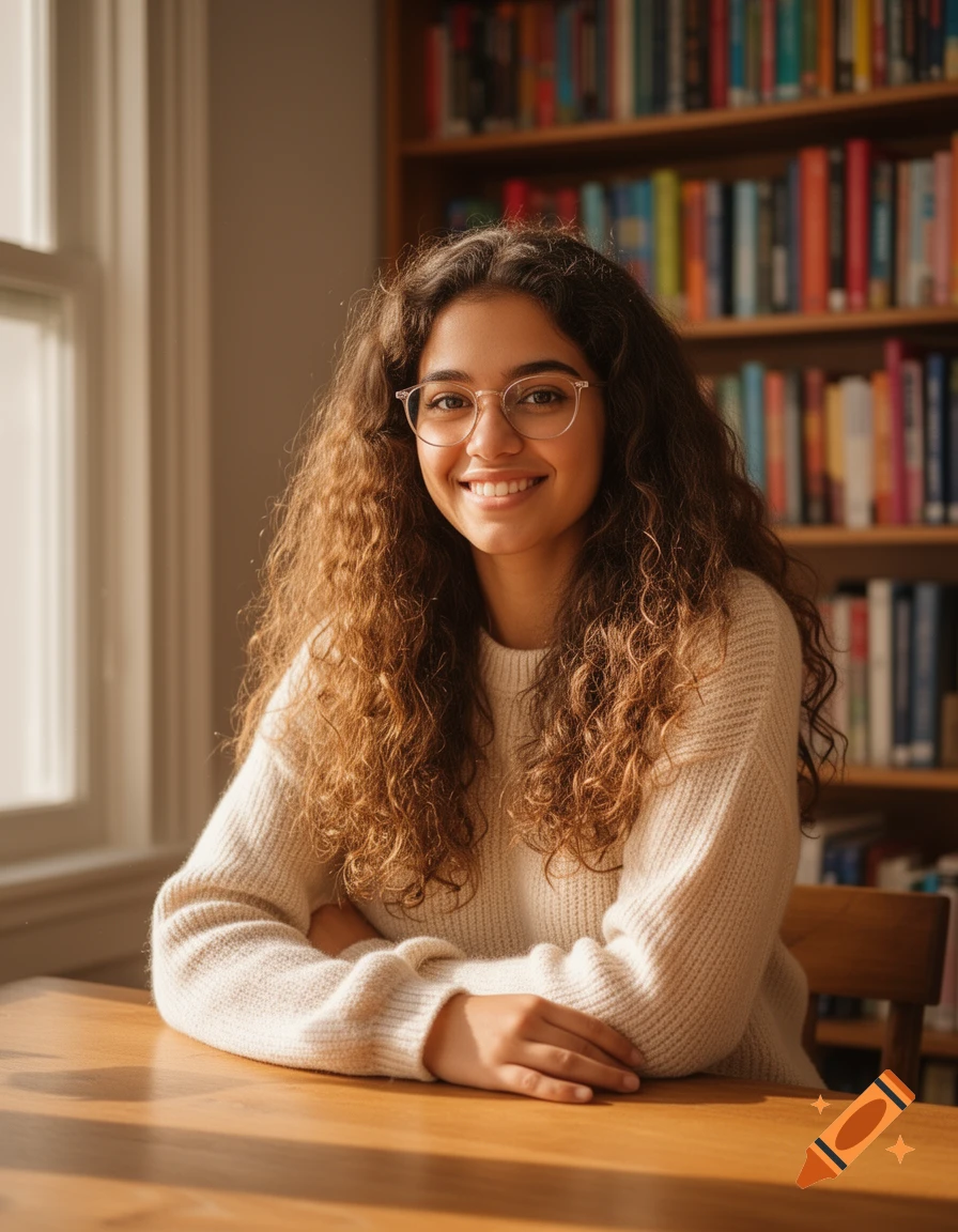 Smiling young woman with curly brown hair and glasses sitting at a wooden table with a bookshelf in the background.