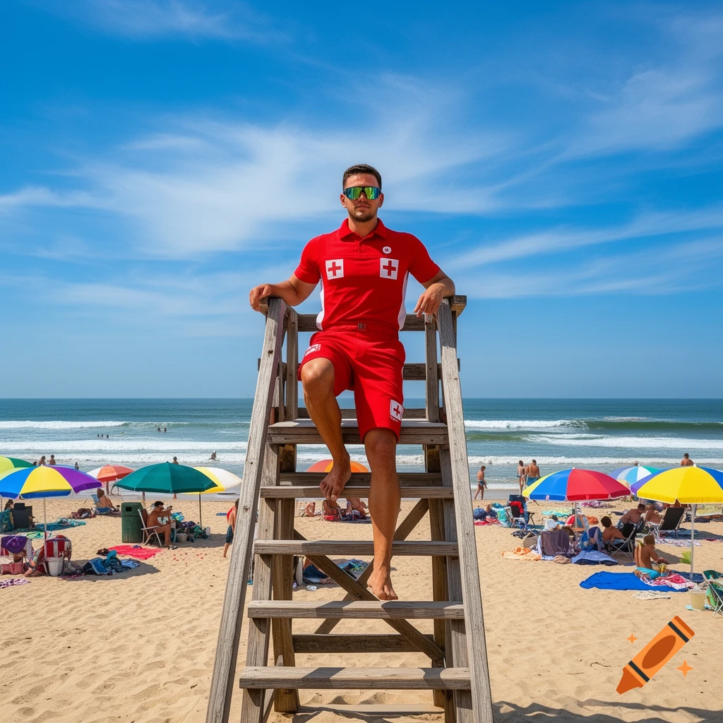 A male lifeguard stands on a tall wooden chair at a sunny beach with people, umbrellas, and the ocean in the background, in a photorealistic style.