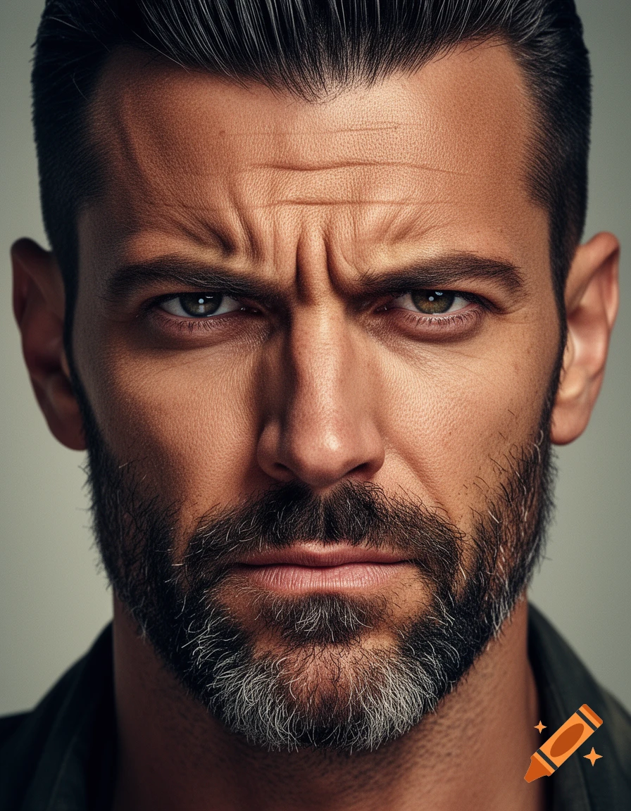 A close-up, photorealistic portrait of a serious-looking man with a neatly styled beard and short dark hair, furrowing his brow.