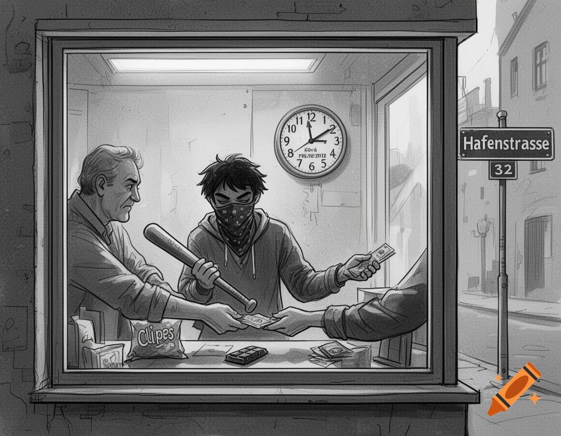 Monochromatic sketch of a kiosk robbery scene. A masked youth with a baseball bat takes money from an older man through a window. A chip bag and chocolate are on the counter. Outside, a street sign reads "Hafenstrasse 32".