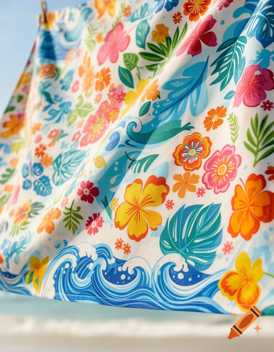 Close-up of a white fabric with a vibrant tropical floral and ocean wave pattern, draped in sunlight.