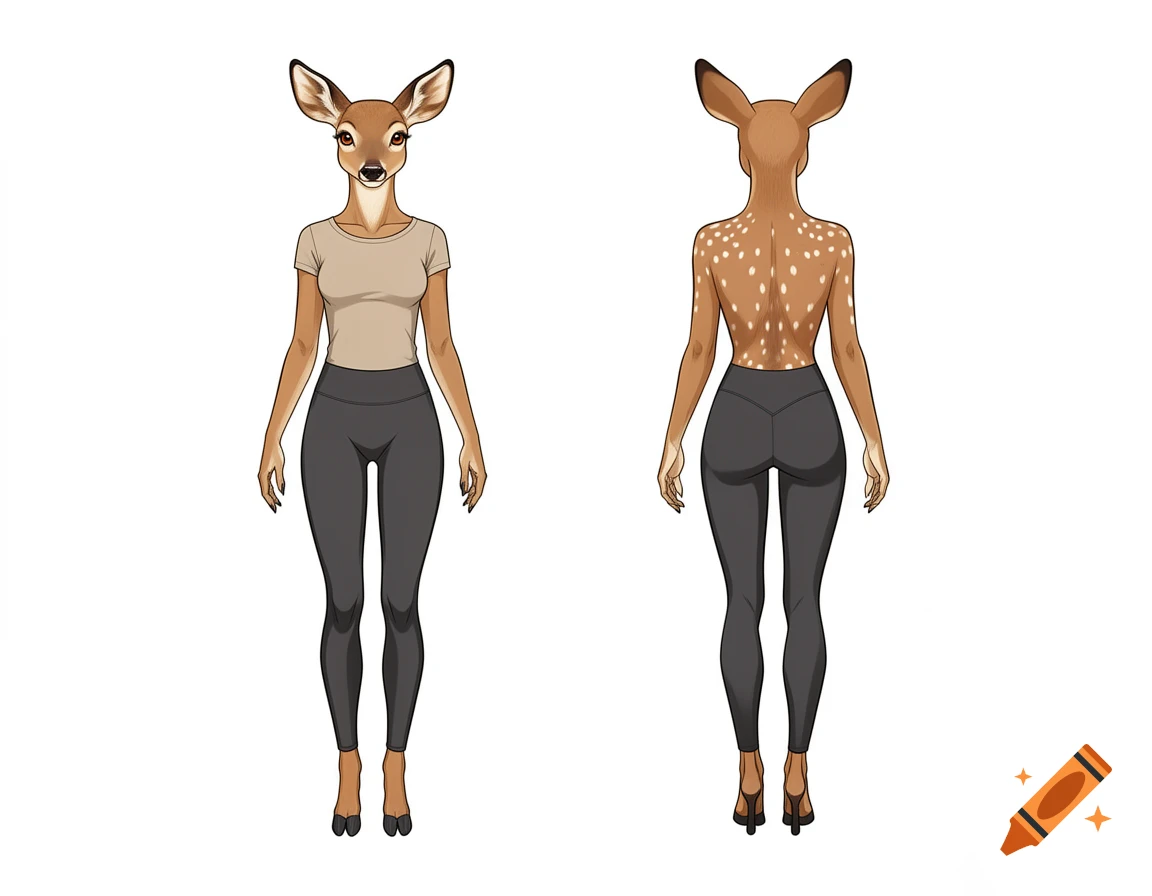Model sheet of an anthropomorphic deer woman in a beige t-shirt and dark gray leggings, shown from front and back.