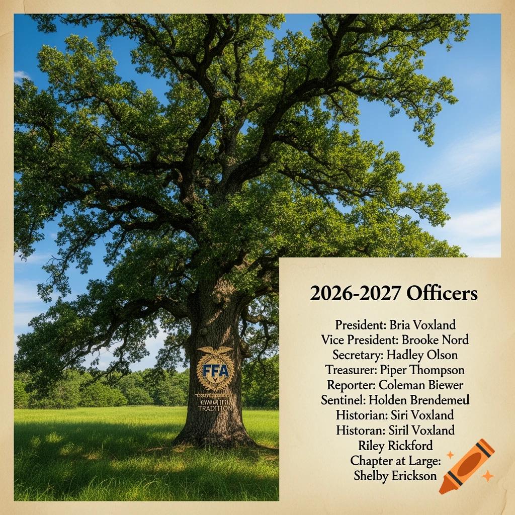 A large, ancient oak tree stands in a green field under a blue sky, with an FFA emblem and "GROWING WITH TRADITION" on its trunk. A text box lists "2026-2027 Officers" and their names.