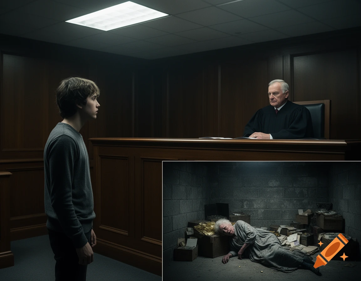 A young man faces a judge in a courtroom. Inset: An elderly woman lies dead in a dark cellar surrounded by papers. Photorealistic.