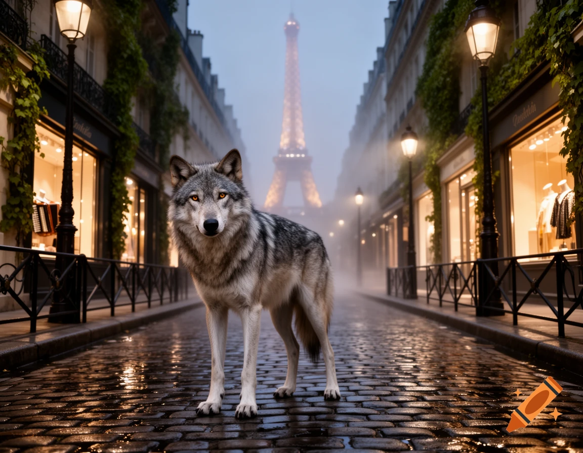A grey wolf stands on a wet cobblestone street in Paris at dusk, with the Eiffel Tower in the misty background and illuminated shop windows.