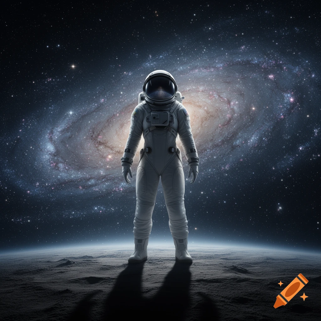 An astronaut stands on a cratered moon surface, looking towards a vast spiral galaxy and stars in the night sky.