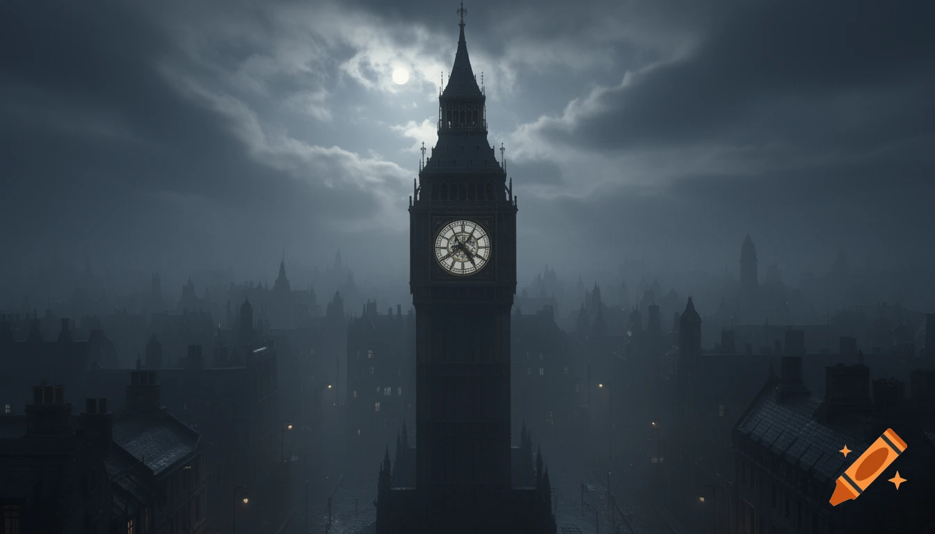 Big Ben stands tall amidst a foggy, dark cityscape at night, illuminated by a full moon and dim streetlights, in a realistic style.