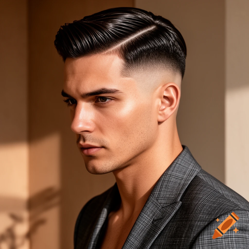 Close-up photorealistic portrait of a man with a slicked back low fade haircut and a side part, wearing a grey plaid jacket.
