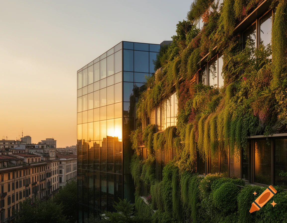 Modern building with glass facade reflecting a sunset, adorned with lush vertical gardens and plants in an urban setting.