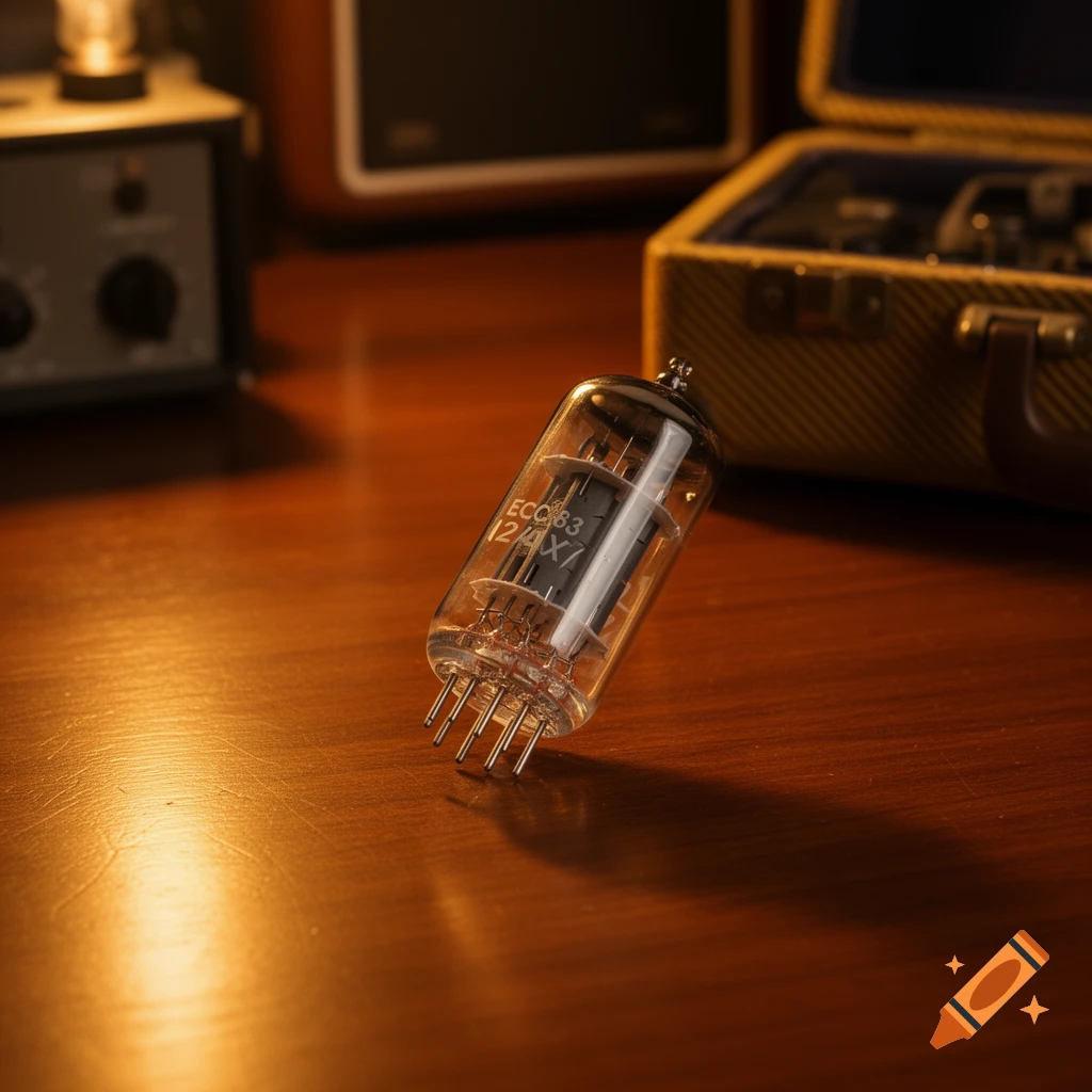 A photorealistic image of a vintage vacuum tube on a warm wooden table, with blurred electronic equipment in the background.
