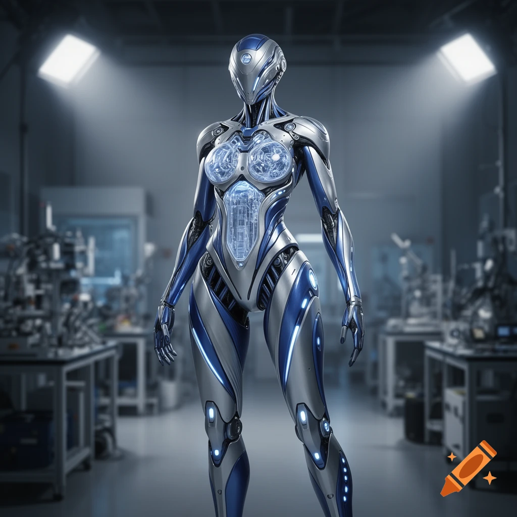 A sleek, blue and silver futuristic female-form robot stands in a dimly lit, high-tech lab.
