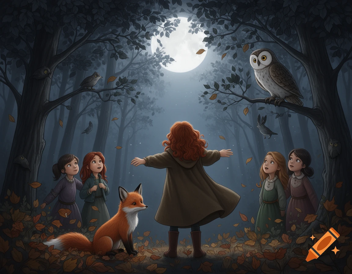 A magical forest scene at night with a full moon, featuring four girls, a fox, an owl, and birds among fallen leaves.