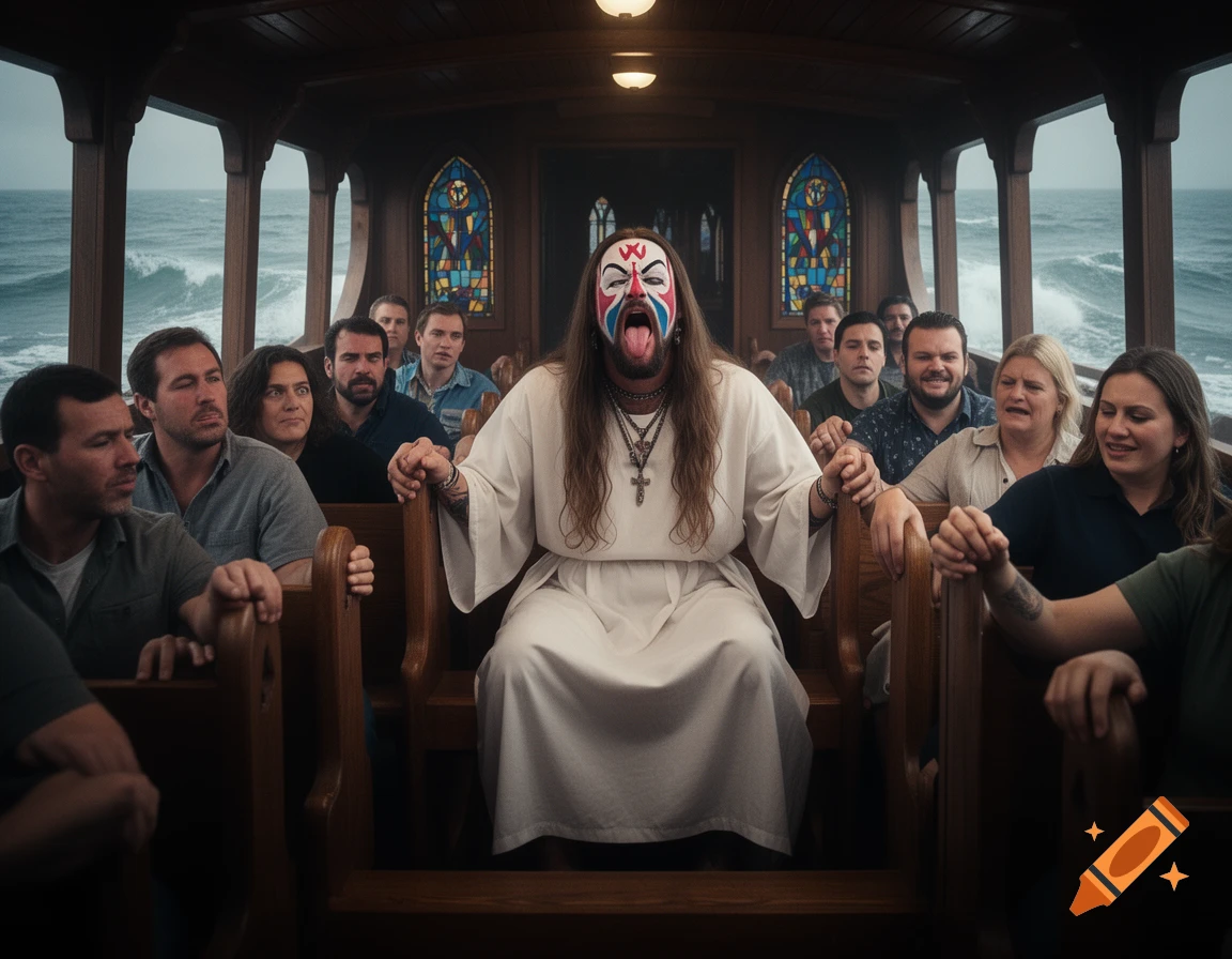 Juggalo Jesus in white robes and face paint sticks out his tongue on a boat with other people on rough seas, photorealistic.