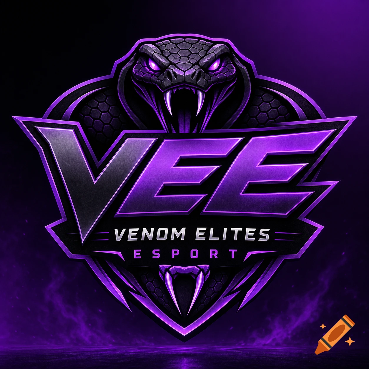 Stylized purple and black esports logo with a cobra head, glowing eyes, and the text VEE, Venom Elites Esport.