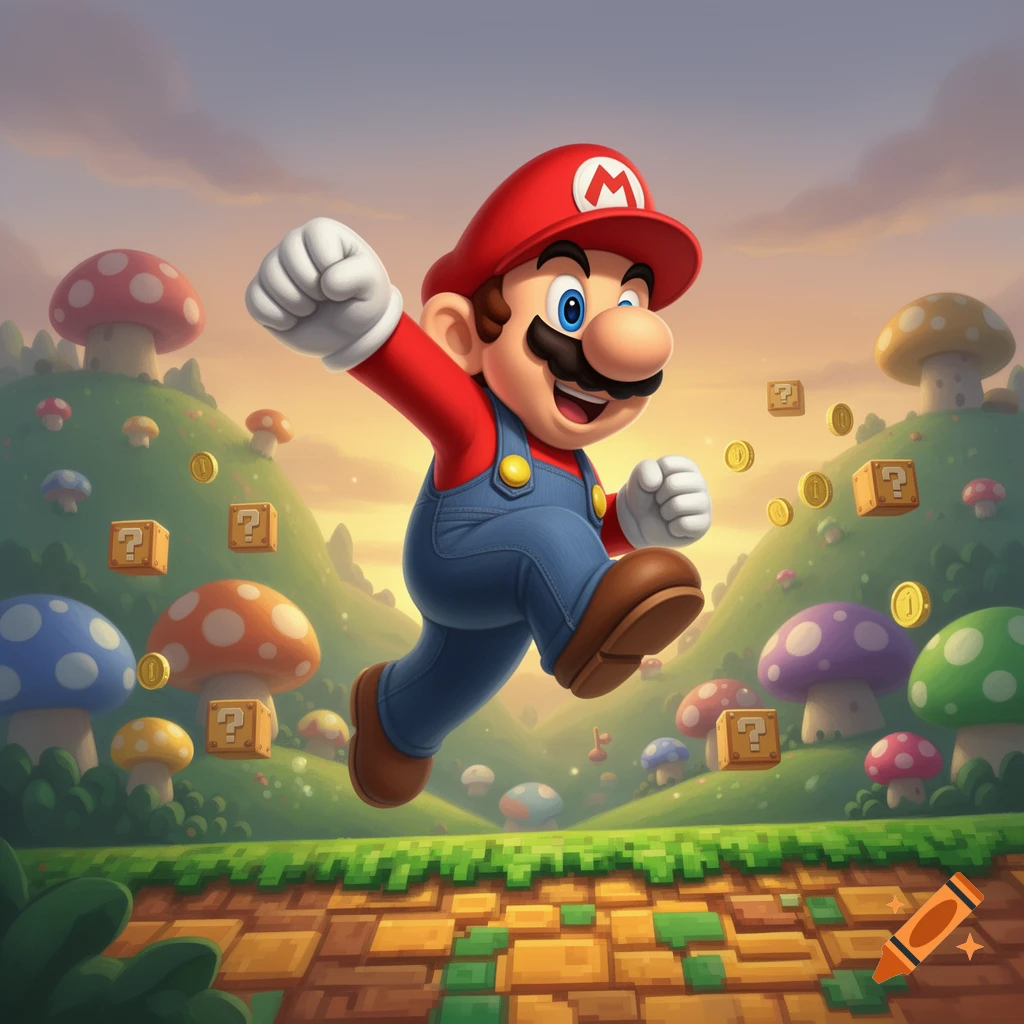 Cartoon Mario jumps across a vibrant, mushroom-filled landscape with floating coins and question blocks.