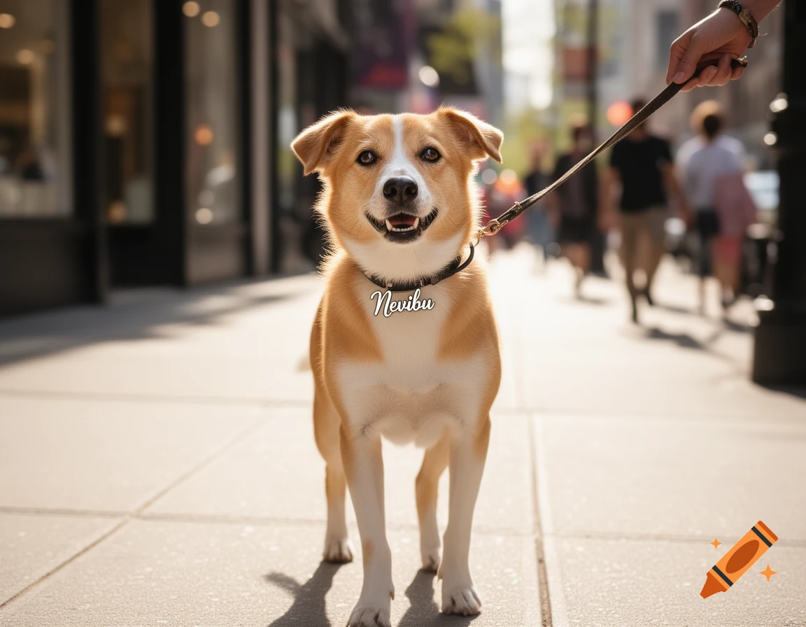 A happy brown and white dog named Nevibu, on a leash, stands on a sunny city sidewalk with people in the blurred background.