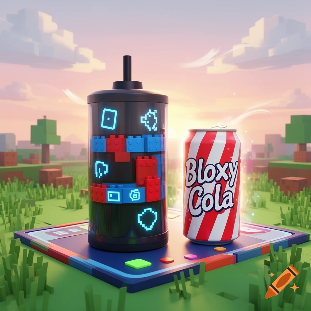 A soda can labeled 'Bloxy Cola' and a black container with Lego-like bricks and glowing pixel art sit on a board in a blocky, Minecraft-style landscape at sunset.