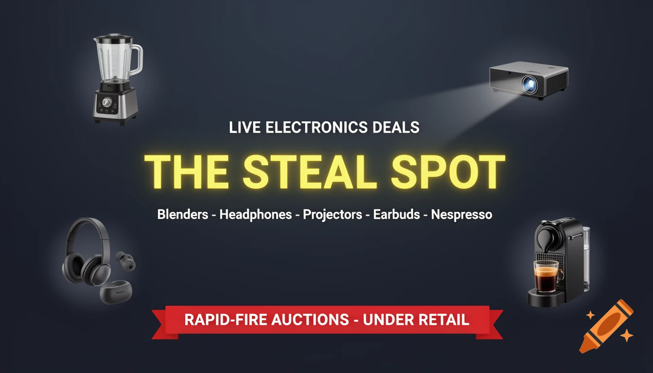 Promotional banner for The Steal Spot with electronics deals, featuring a blender, headphones, projector, earbuds, and Nespresso machine.