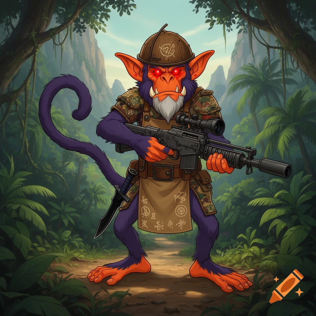 A purple and orange goblin-monkey with glowing red eyes, an armed helmet, camouflage armor, and a white goatee, holds a sniper rifle and a dagger while standing on a jungle path in a cartoon style.