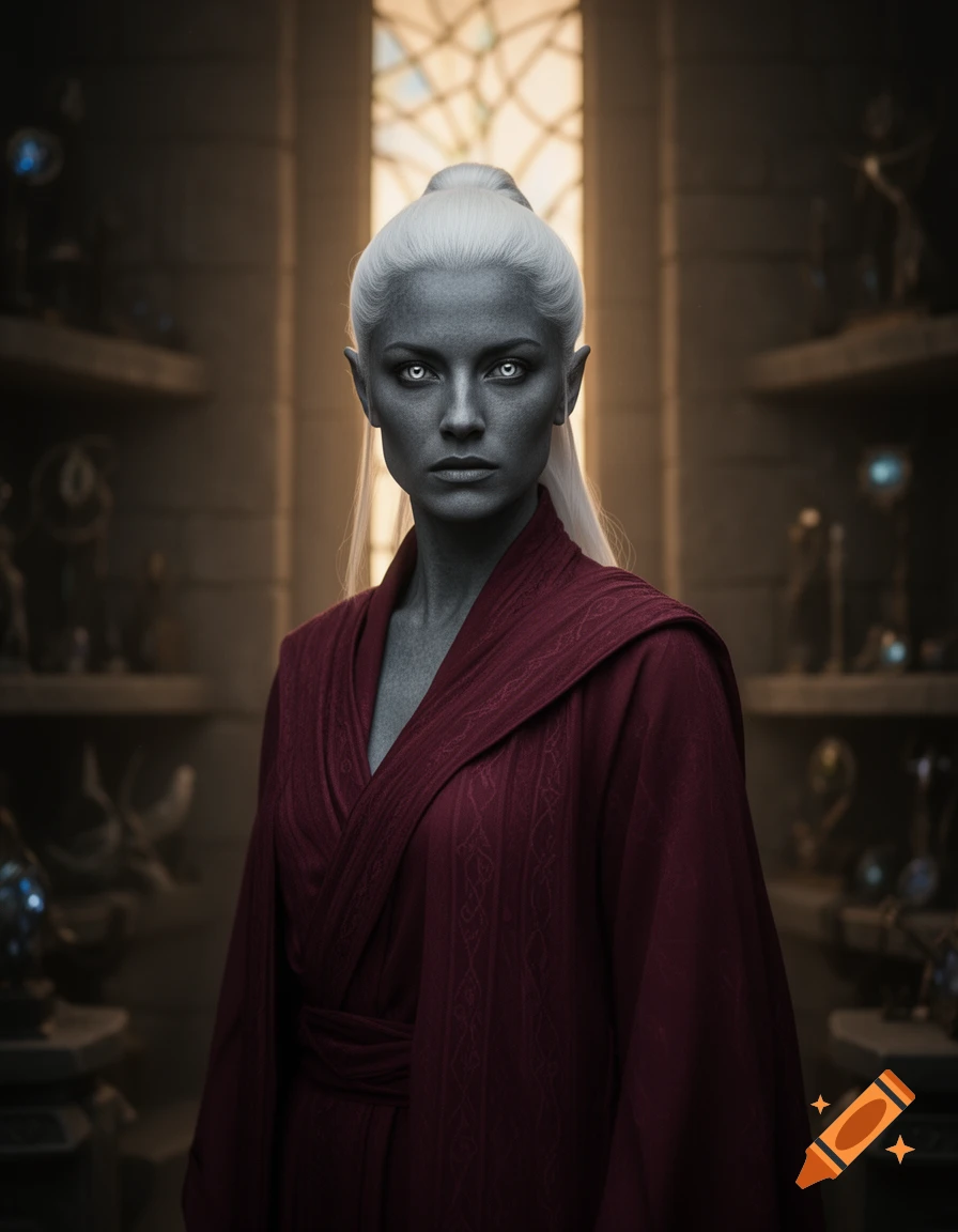 A drow woman with grey skin, white hair in a bun, and glowing silver ...
