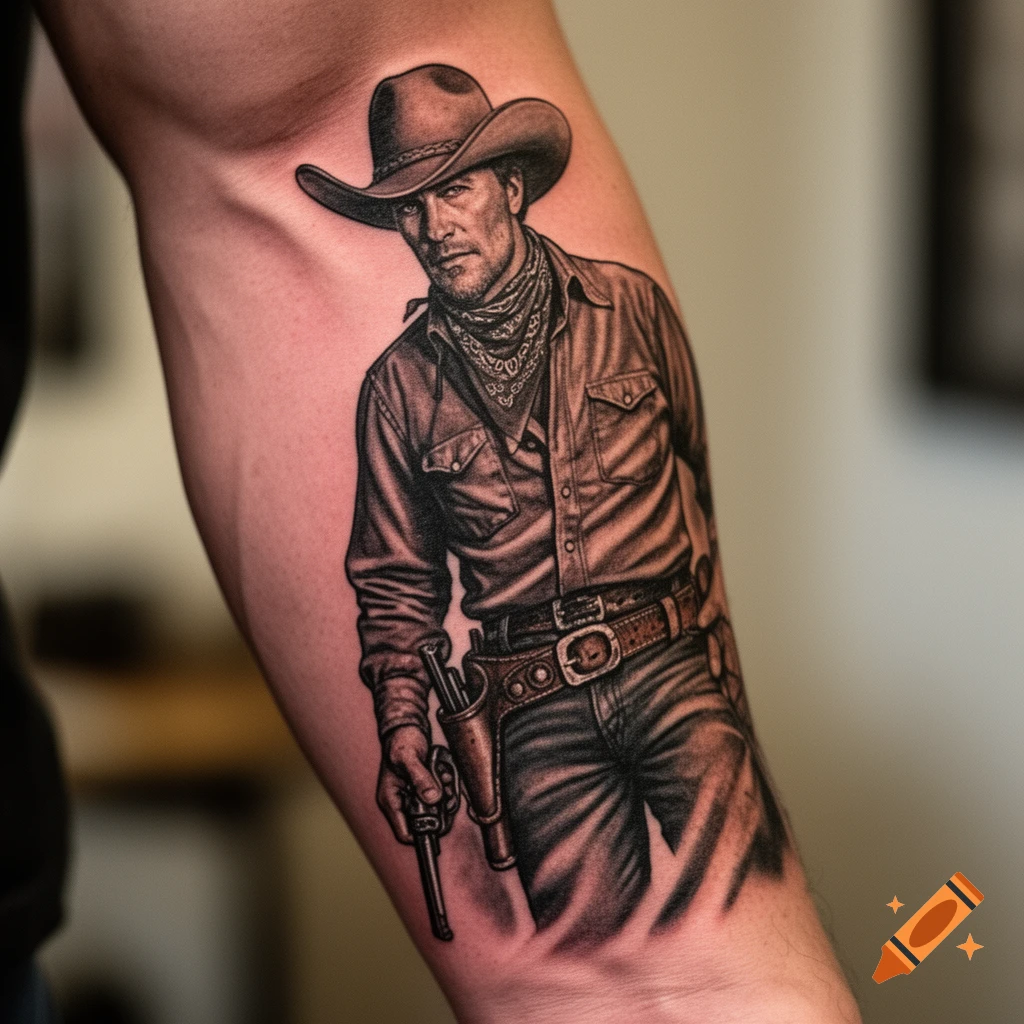 Black and grey tattoo of a cowboy in a hat, bandana, and western attire, holding a revolver, on a person's arm.
