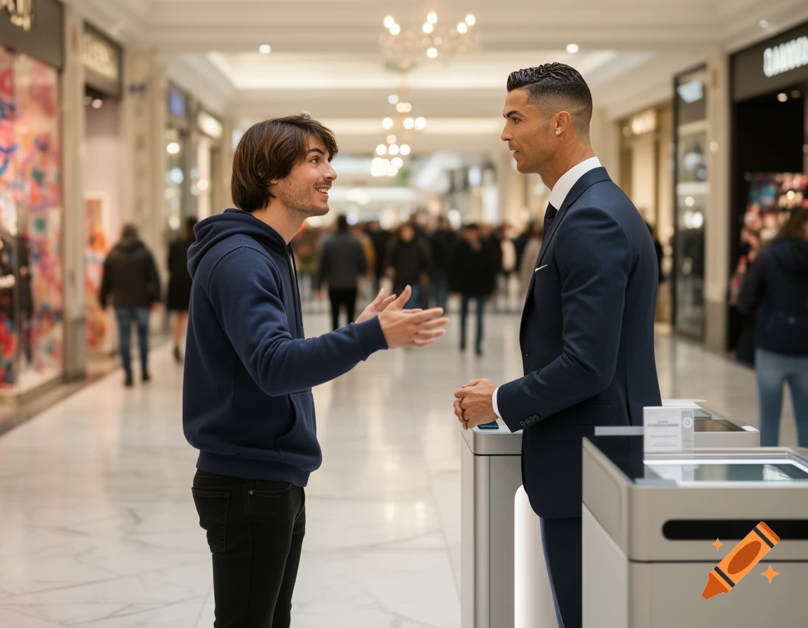Photorealistic image of Cristiano Ronaldo in a suit speaking to a man in a hoodie in a brightly lit shopping mall.