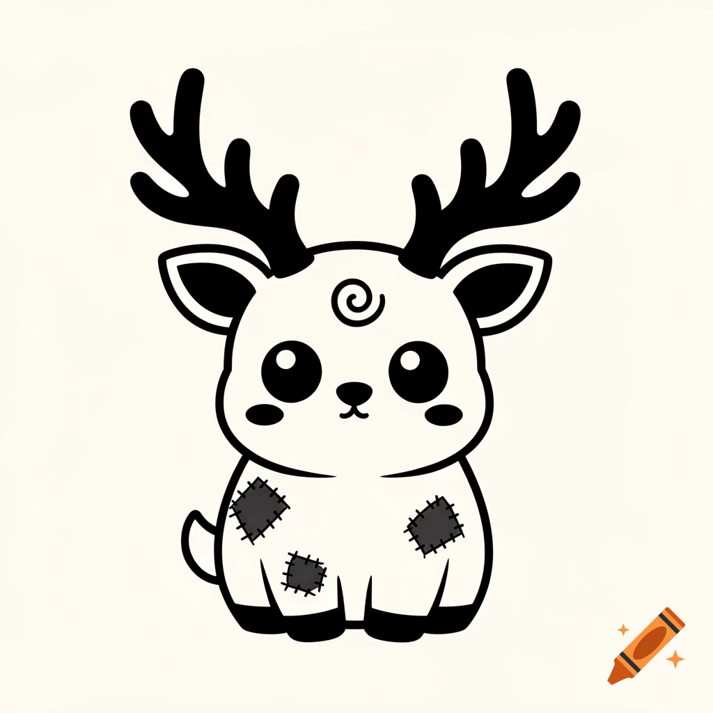 Chubby black and white kawaii deer icon with antlers, big eyes, a forehead swirl, and fabric patches.
