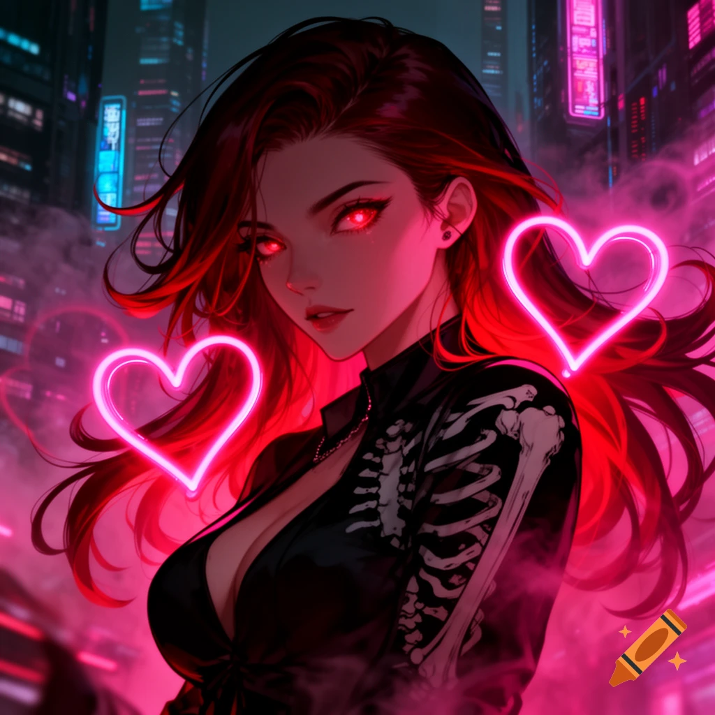 Vibrant anime-style woman with glowing red eyes, a skeleton-print top, neon pink hearts, and a cyberpunk city background.